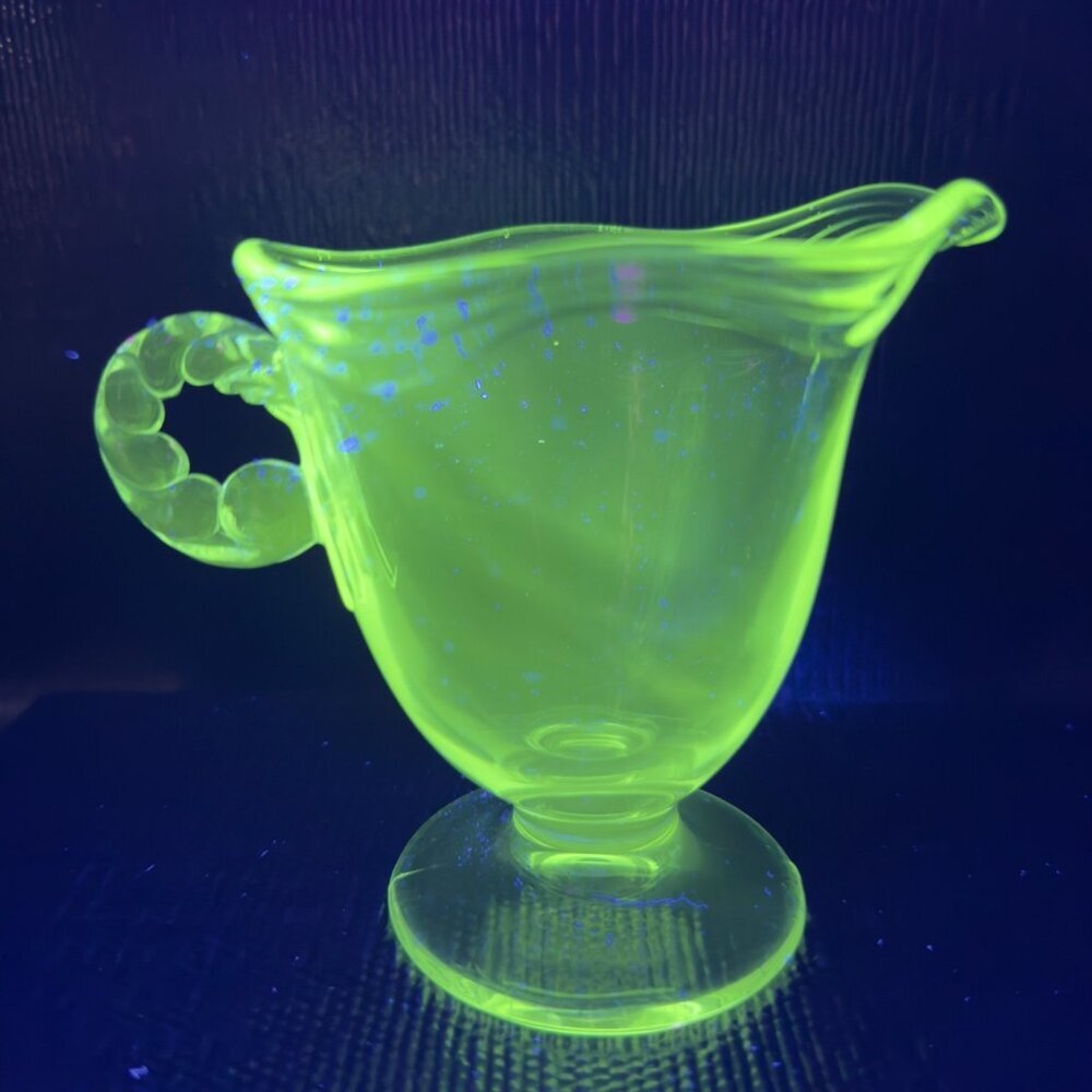 1930s Fostoria Coronet Clear Glass Creamer Small Pitcher Manganese 365nm UV Glow